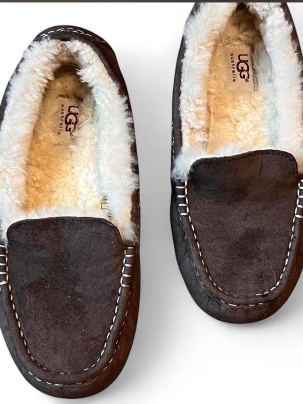 UGG Brown Suede Moccasin Slipper with Shearling Trim